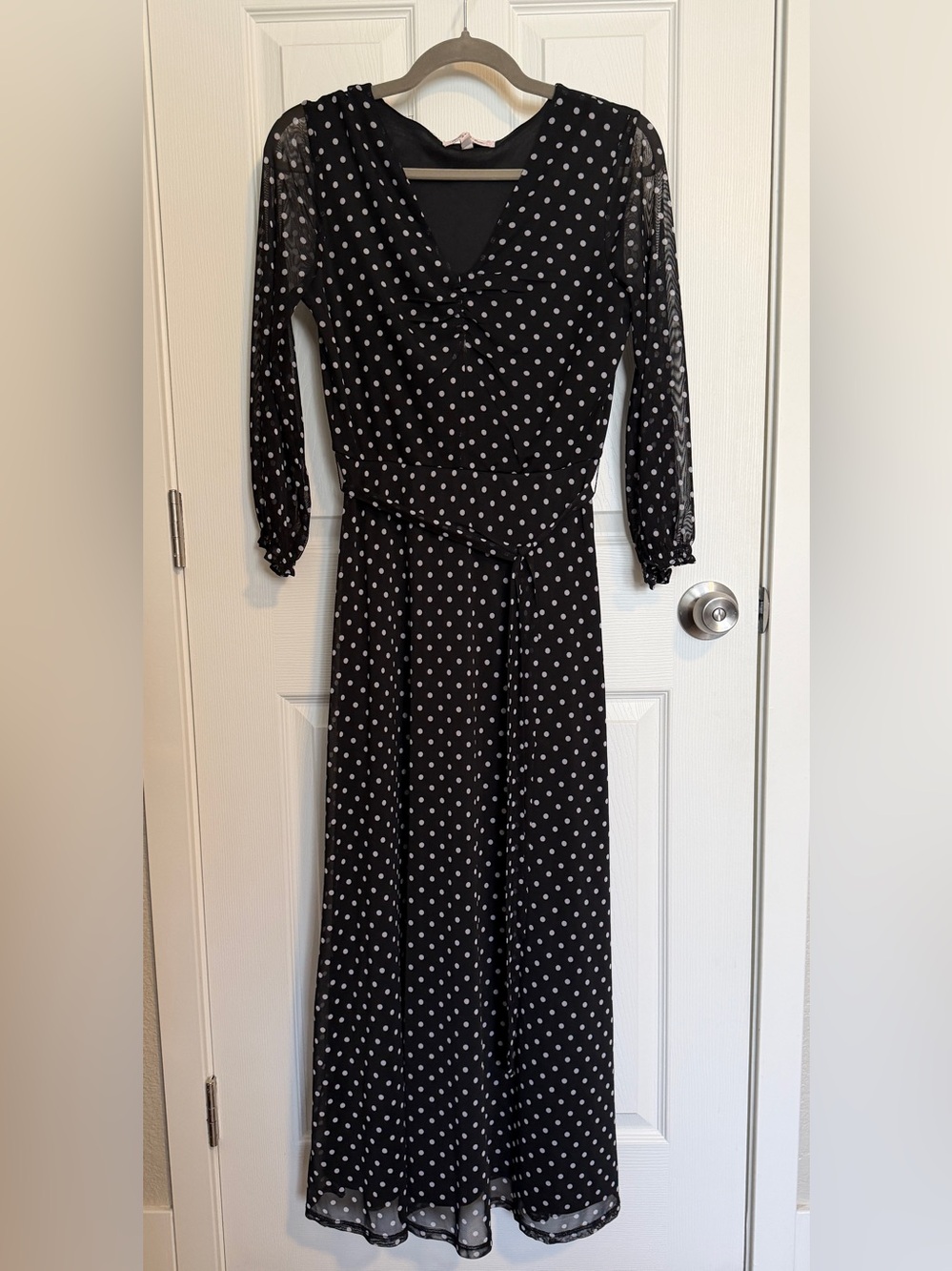 Harlow & Rose Black White Polka Dot Midi Dress Tie Waist Sheer Sleeve Size Small - Picture 2 of 8